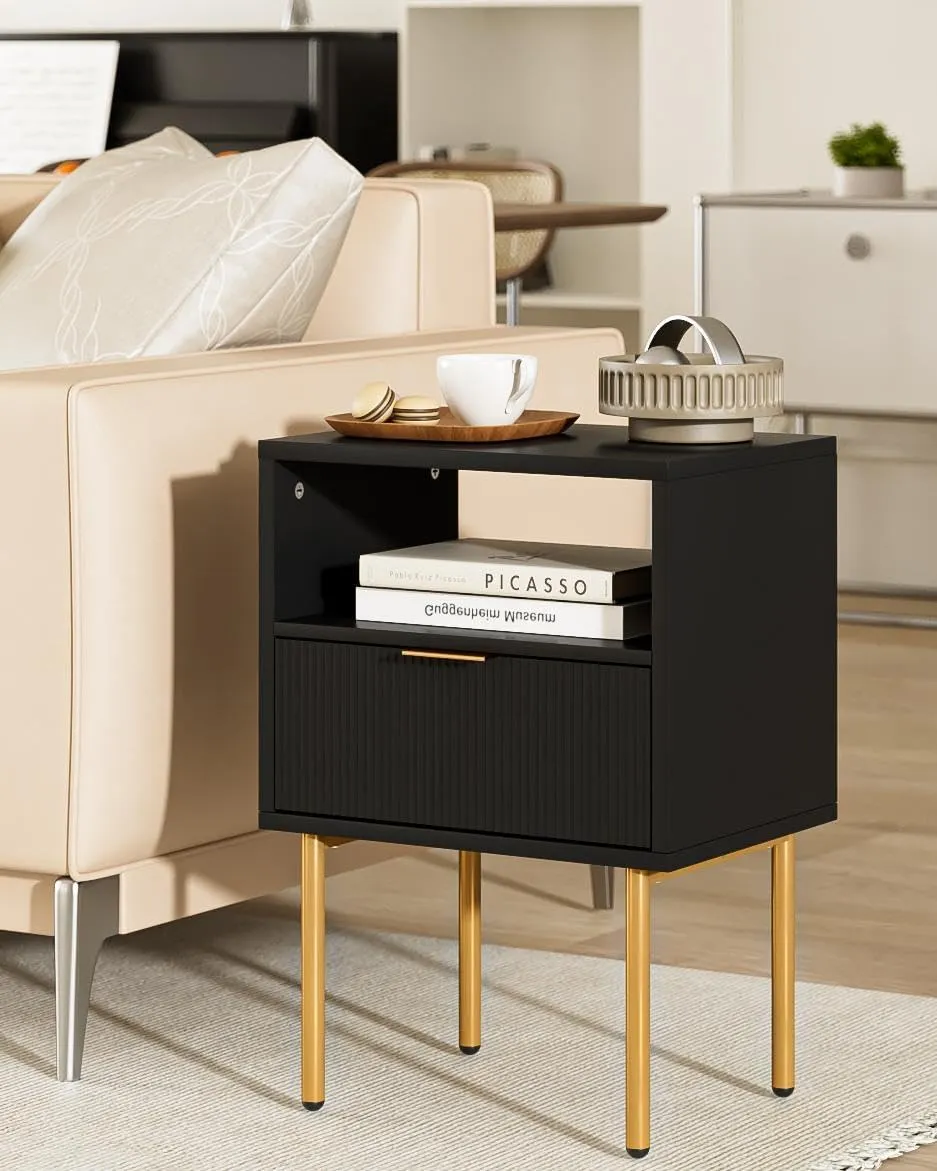 Nightstand,Small Bedside Table with Gold Frame,White Night Stand,Bedside Furniture,Side Table with Drawer and Shelf for Bedroom,Living Room (Modern-Stripe, Black-1Drawer)