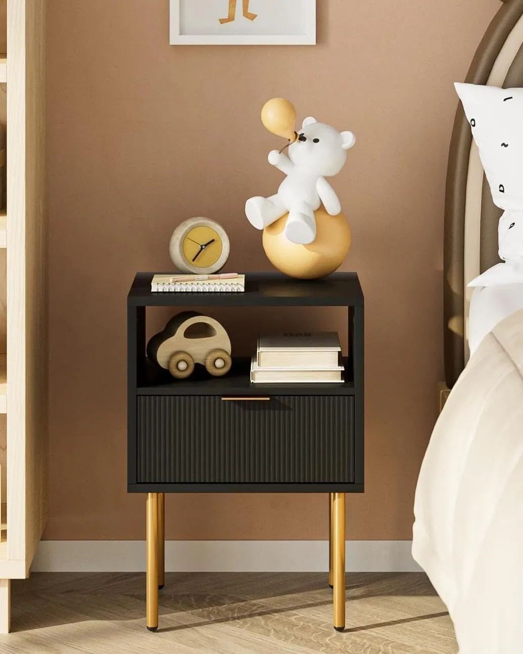 Nightstand,Small Bedside Table with Gold Frame,White Night Stand,Bedside Furniture,Side Table with Drawer and Shelf for Bedroom,Living Room (Modern-Stripe, Black-1Drawer)