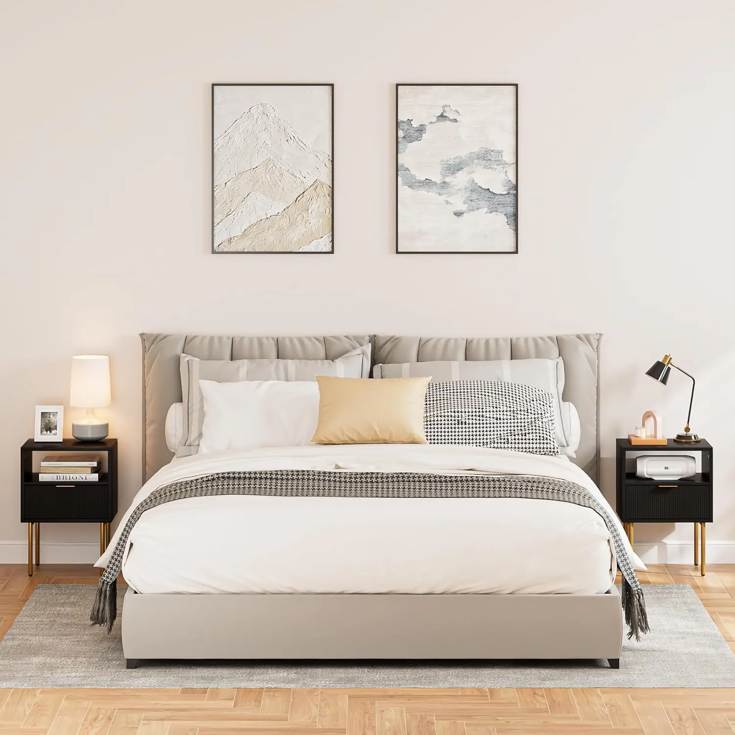 Nightstand,Small Bedside Table with Gold Frame,White Night Stand,Bedside Furniture,Side Table with Drawer and Shelf for Bedroom,Living Room (Modern-Stripe, Black-1Drawer)