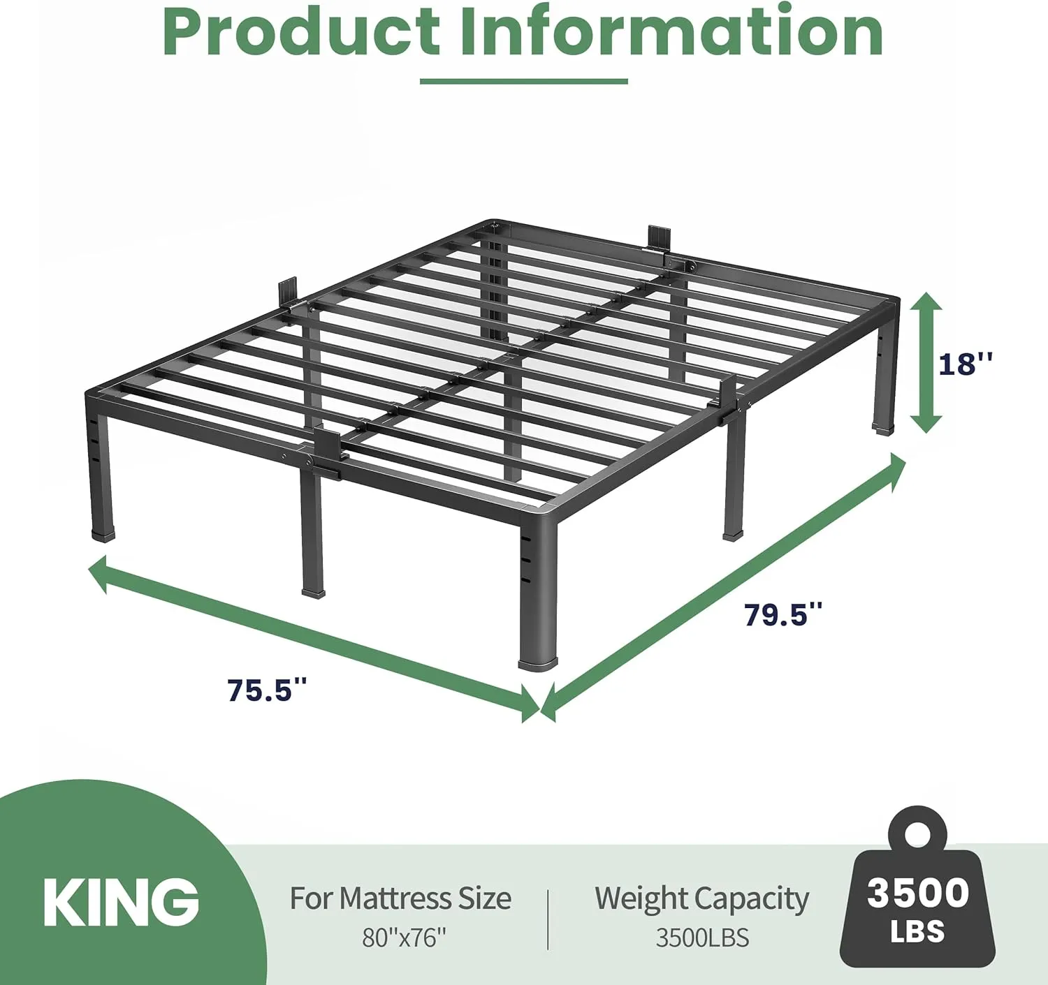 NKZ 18 Inch Metal Platform Bed Frame, King Size Bed Frame with Round Corner Legs, 3,500 lbs Heavy Duty Steel Slats Support, No Box Spring Needed, Easy Assembly, Noise Free
