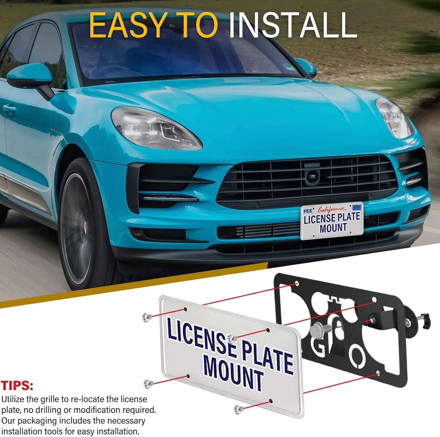 No Drill License Plate Holder Compatible with Porsche Cayenne Turbo 2019-2023 Front Grille License Plate Mount Bumper Bracket Holder Car Tag Frame Adapter Accessories