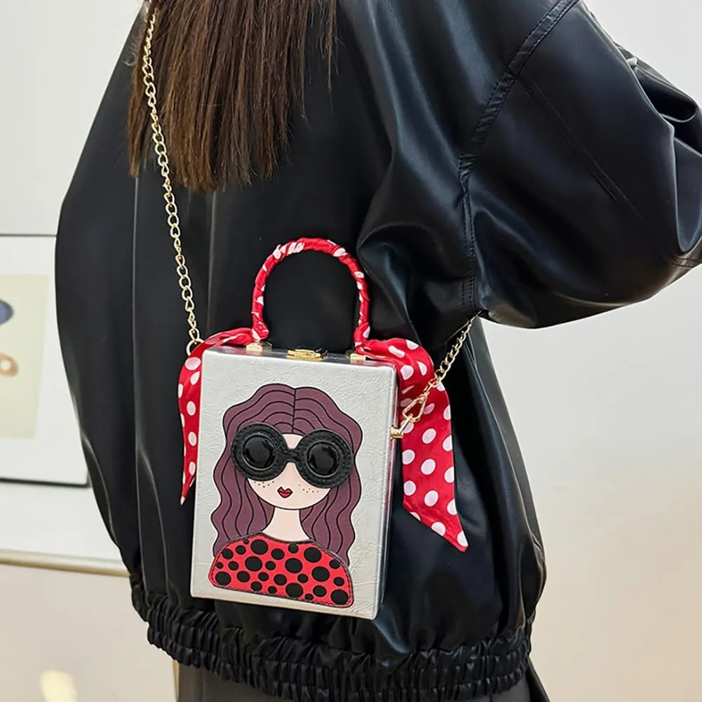 Novelty Unique 3D Lady Face Box Shaped Handbag, PU Leather Top Handle Shoulder Bag, Funky Fashion Crossbody Satchel Purse