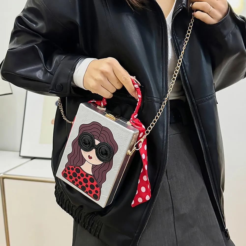 Novelty Unique 3D Lady Face Box Shaped Handbag, PU Leather Top Handle Shoulder Bag, Funky Fashion Crossbody Satchel Purse