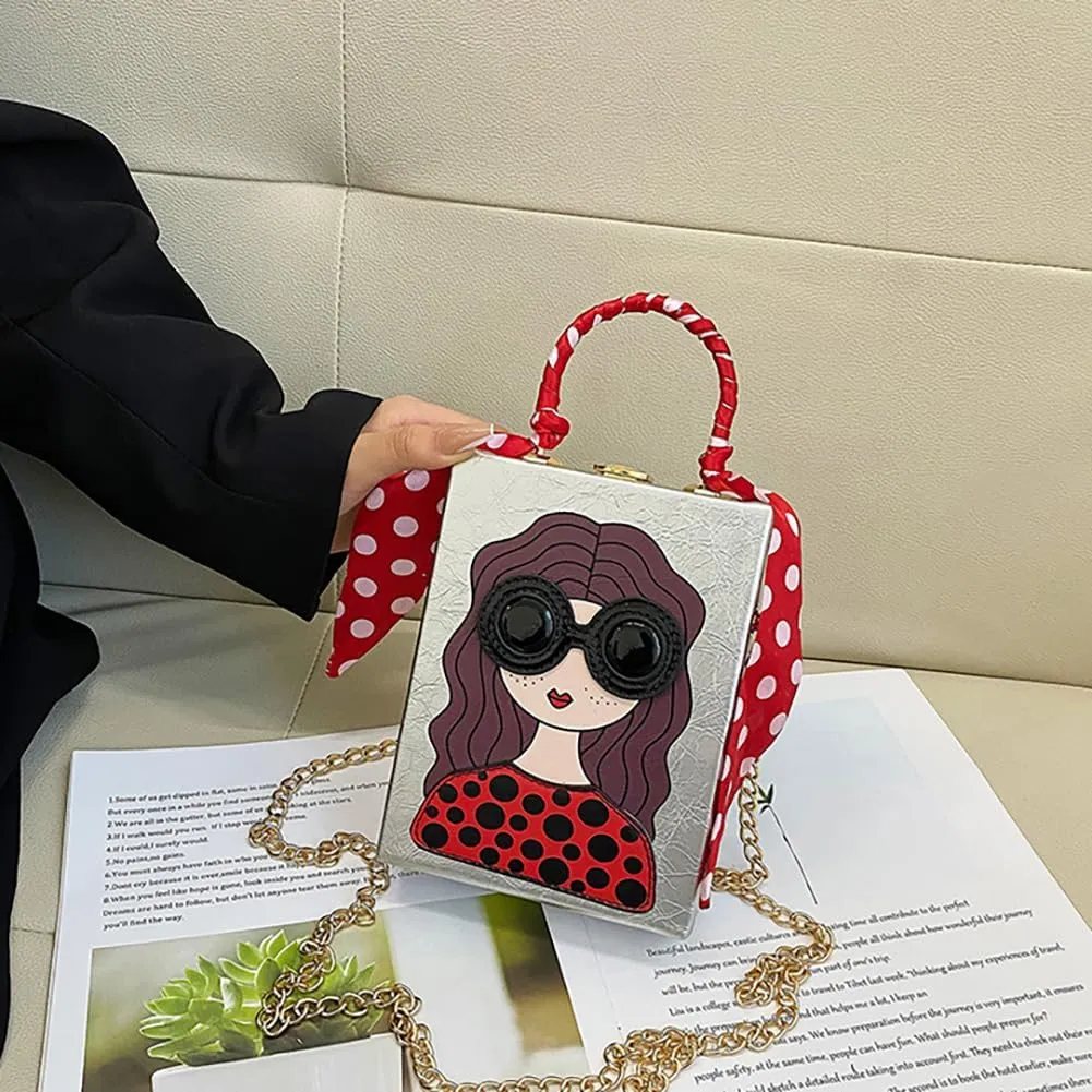 Novelty Unique 3D Lady Face Box Shaped Handbag, PU Leather Top Handle Shoulder Bag, Funky Fashion Crossbody Satchel Purse
