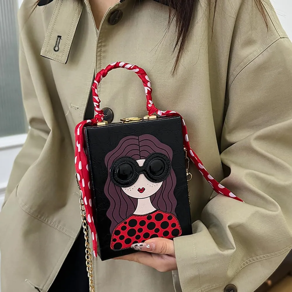 Novelty Unique 3D Lady Face Box Shaped Handbag, PU Leather Top Handle Shoulder Bag, Funky Fashion Crossbody Satchel Purse