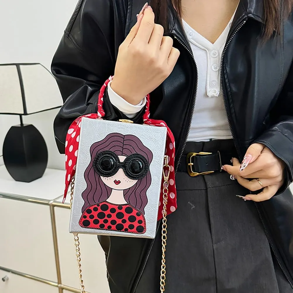 Novelty Unique 3D Lady Face Box Shaped Handbag, PU Leather Top Handle Shoulder Bag, Funky Fashion Crossbody Satchel Purse