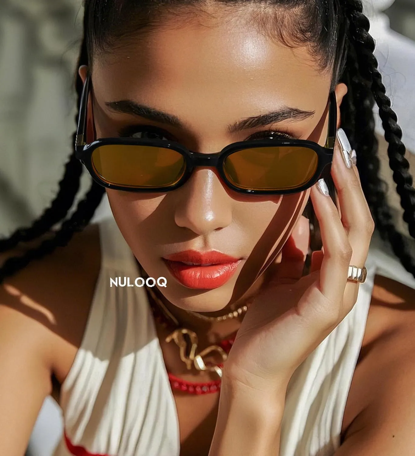NULOOQ Retro Rectangular Sunglasses for Women, 90s Trendy Small Narrow Square Frame Sun Glasses