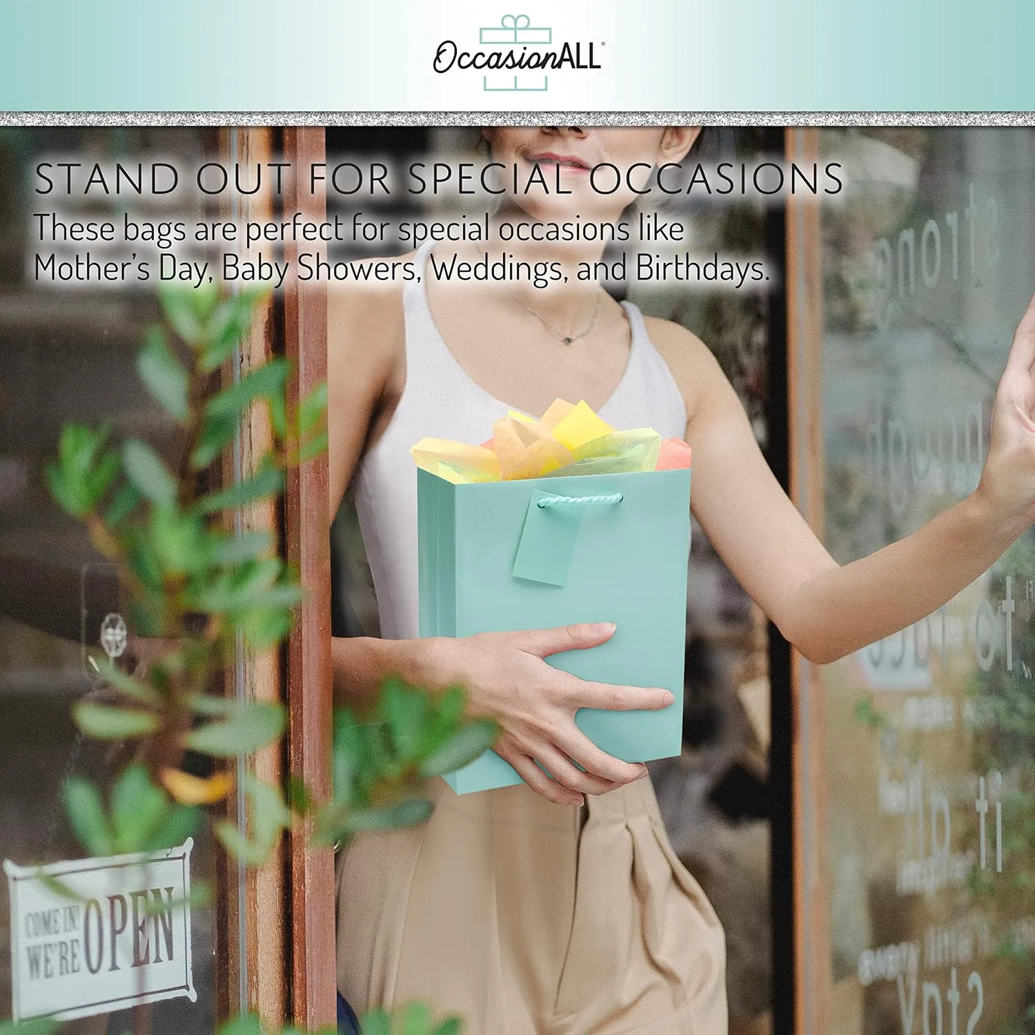 OccasionALL Mint Green Gift Bags, Medium Tote with Handles for Baby Showers, Bridesmaids, Weddings, Goodies, Parties, Events, Bulk, 7.5x3.5x9 12 Pack