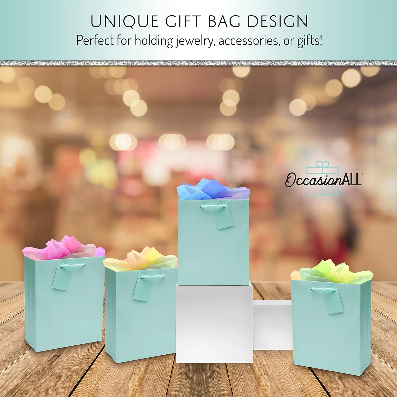 OccasionALL Mint Green Gift Bags, Medium Tote with Handles for Baby Showers, Bridesmaids, Weddings, Goodies, Parties, Events, Bulk, 7.5x3.5x9 12 Pack