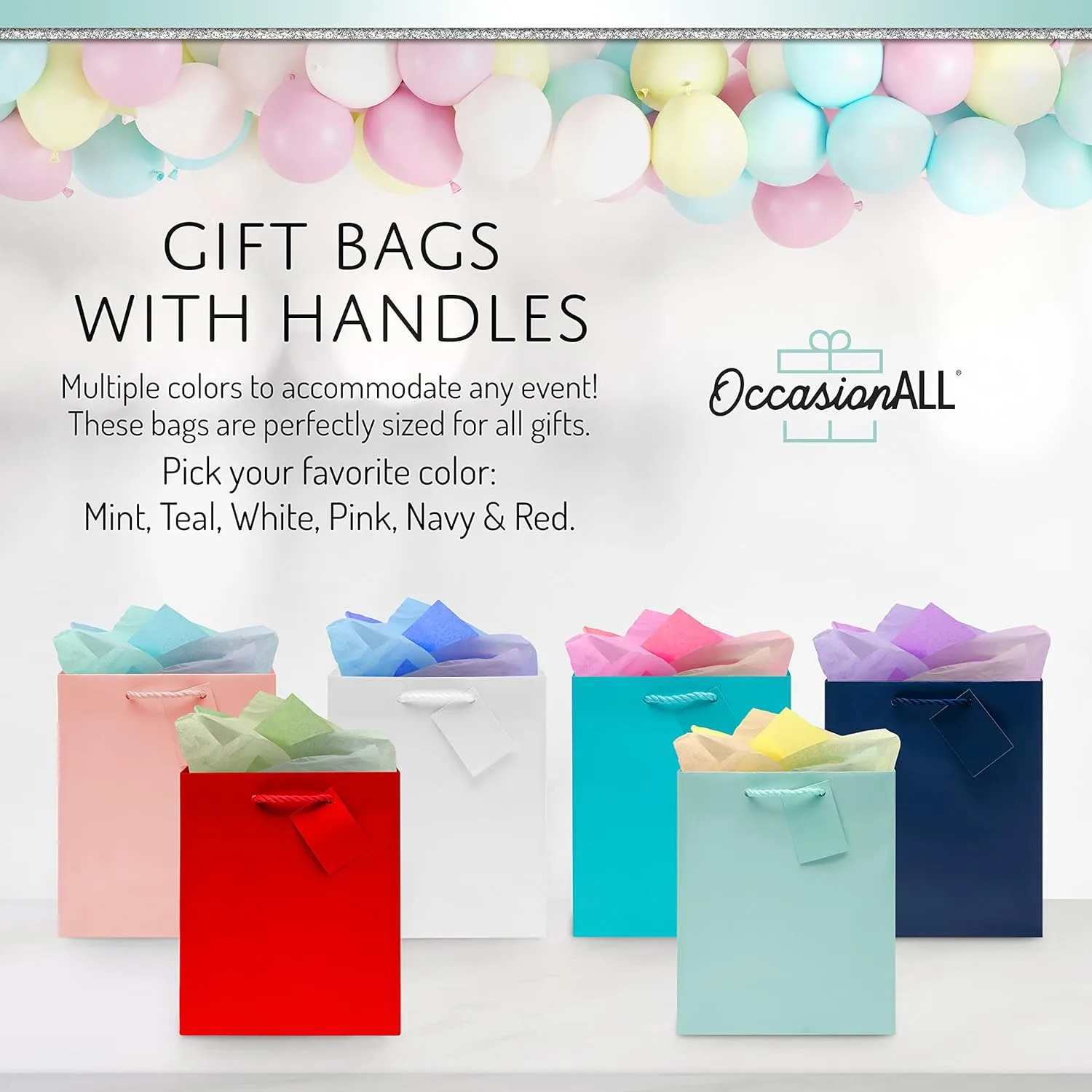 OccasionALL Mint Green Gift Bags, Medium Tote with Handles for Baby Showers, Bridesmaids, Weddings, Goodies, Parties, Events, Bulk, 7.5x3.5x9 12 Pack