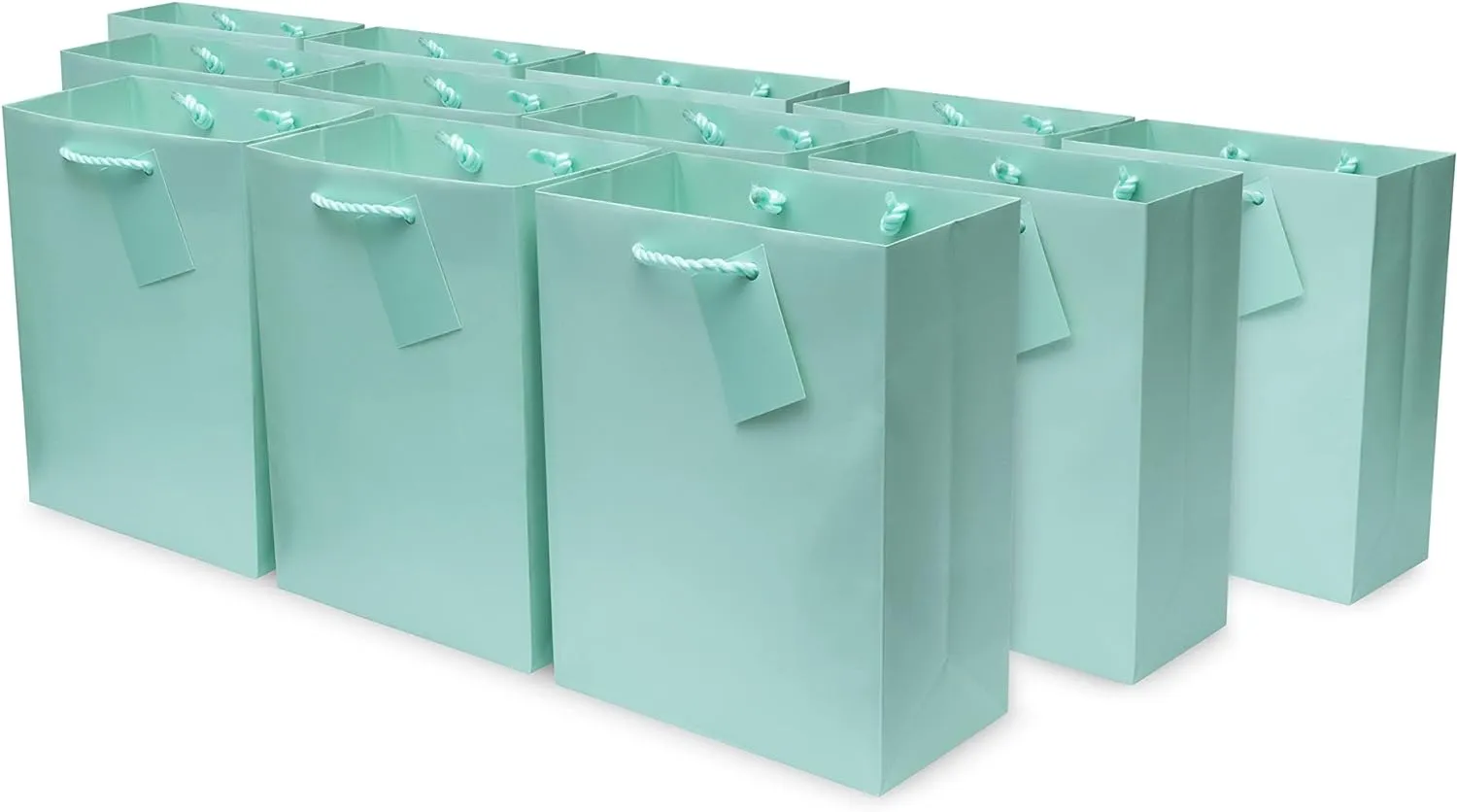 OccasionALL Mint Green Gift Bags, Medium Tote with Handles for Baby Showers, Bridesmaids, Weddings, Goodies, Parties, Events, Bulk, 7.5x3.5x9 12 Pack