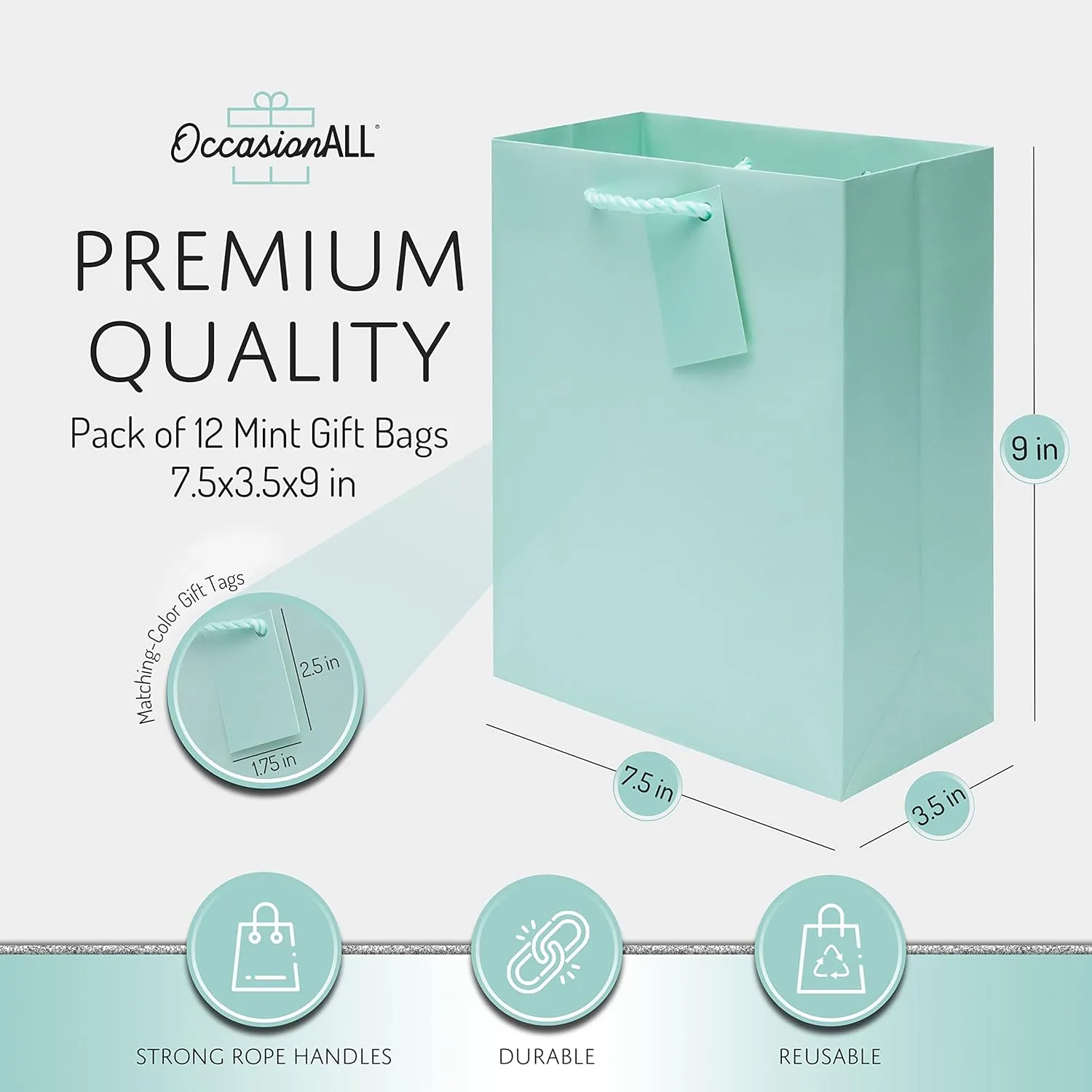 OccasionALL Mint Green Gift Bags, Medium Tote with Handles for Baby Showers, Bridesmaids, Weddings, Goodies, Parties, Events, Bulk, 7.5x3.5x9 12 Pack