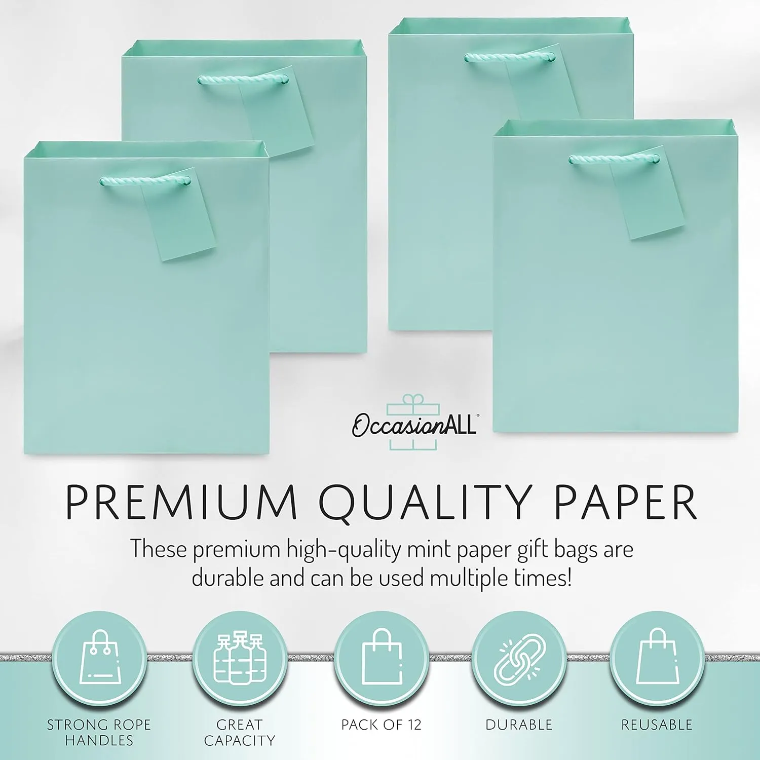 OccasionALL Mint Green Gift Bags, Medium Tote with Handles for Baby Showers, Bridesmaids, Weddings, Goodies, Parties, Events, Bulk, 7.5x3.5x9 12 Pack