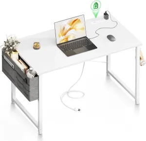 ODK Computer Desk - 40 Inch Office Writing Desk for Home, Student Study Desk with Storage Bag, Headphone Hook & Power Outlets, Modern Simple Table for Bedroom, White