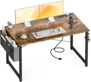 ODK Computer Desk - 48 Inch Office Writing Desk for Home, Student Study Desk with Storage Bag, Headphone Hook & Power Outlets, Modern Simple Table for Bedroom, Vintage