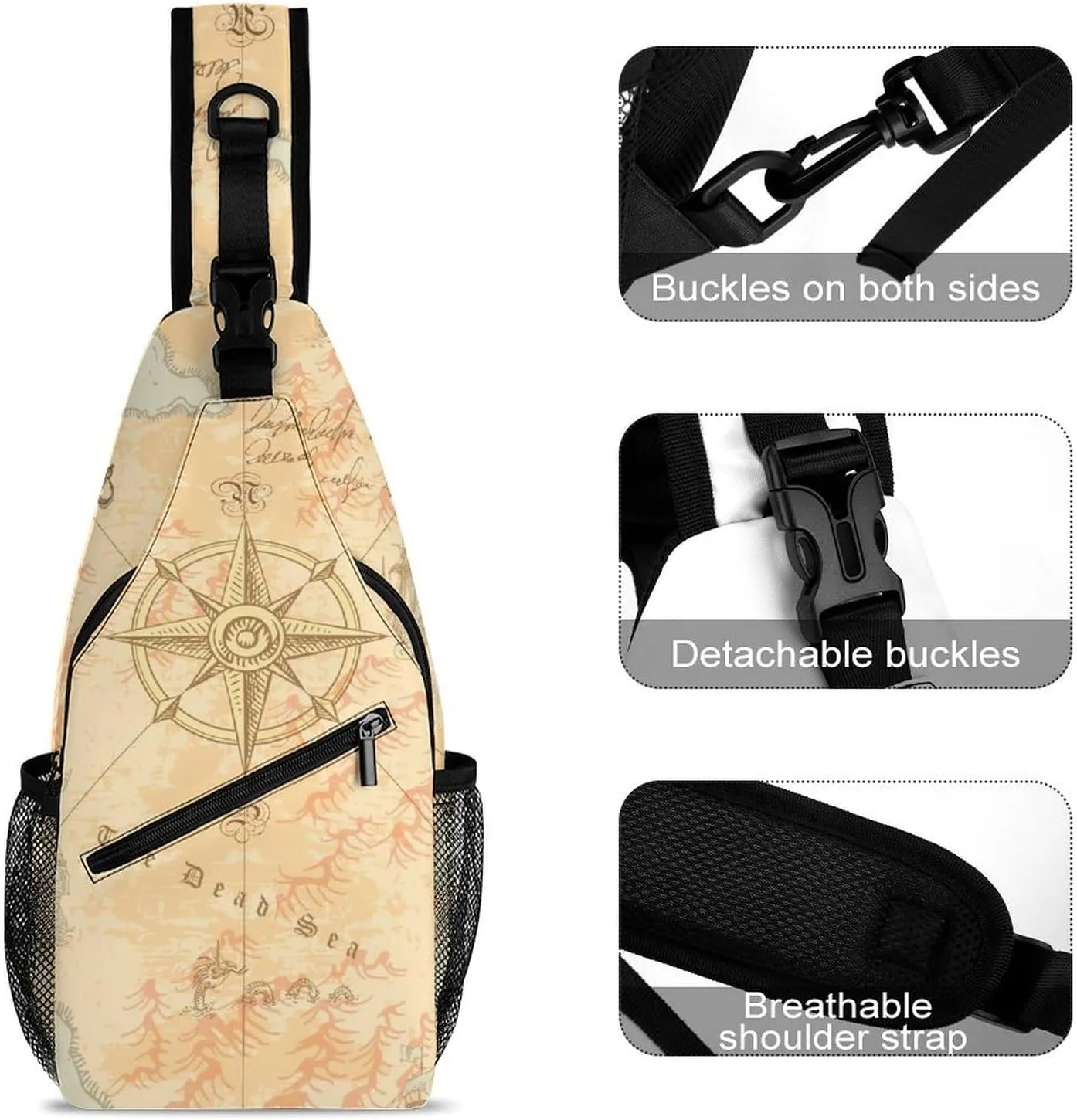 Old-sea-map-style-medieval Crossbody Backpack For Men Women, Chest Bag Shoulder Bag, Travel Daypack Sling Backpack