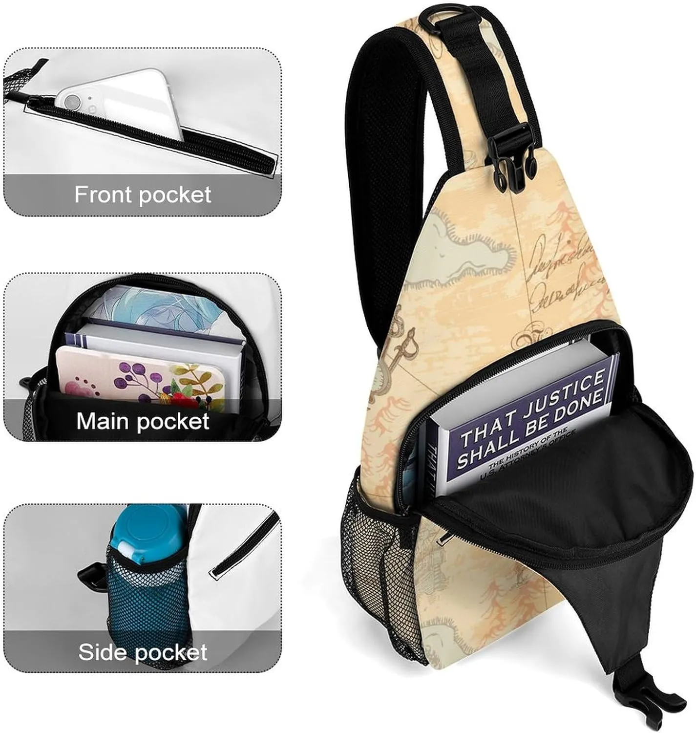 Old-sea-map-style-medieval Crossbody Backpack For Men Women, Chest Bag Shoulder Bag, Travel Daypack Sling Backpack