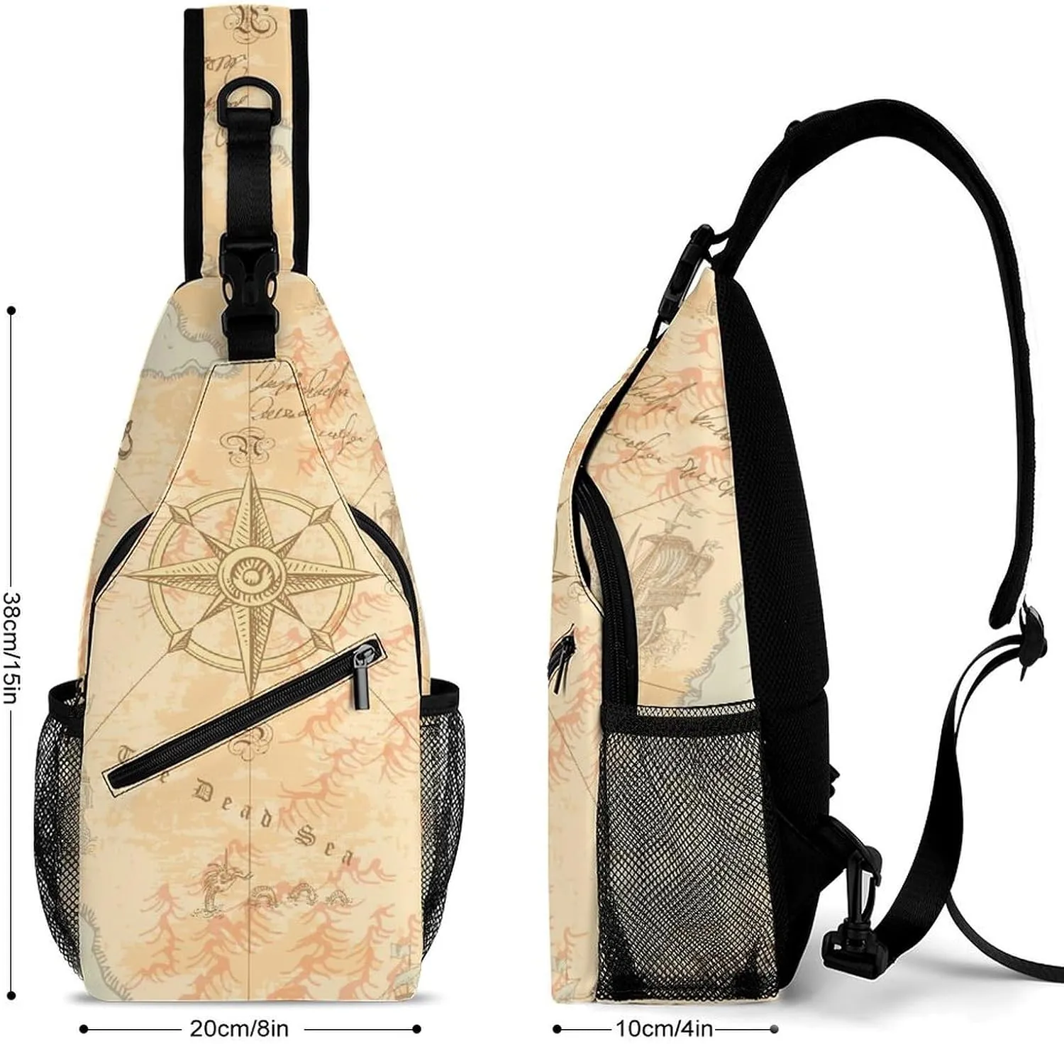 Old-sea-map-style-medieval Crossbody Backpack For Men Women, Chest Bag Shoulder Bag, Travel Daypack Sling Backpack
