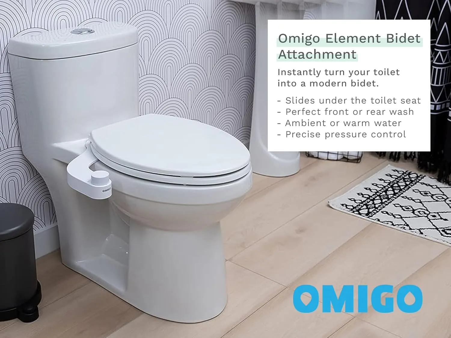 Omigo Element Bidet Attachment Non-Electric Thin Modern Design, Dedicated Rear and Front Self-Cleaning Nozzles with Pressure Control Dial (Dual Temp, White)