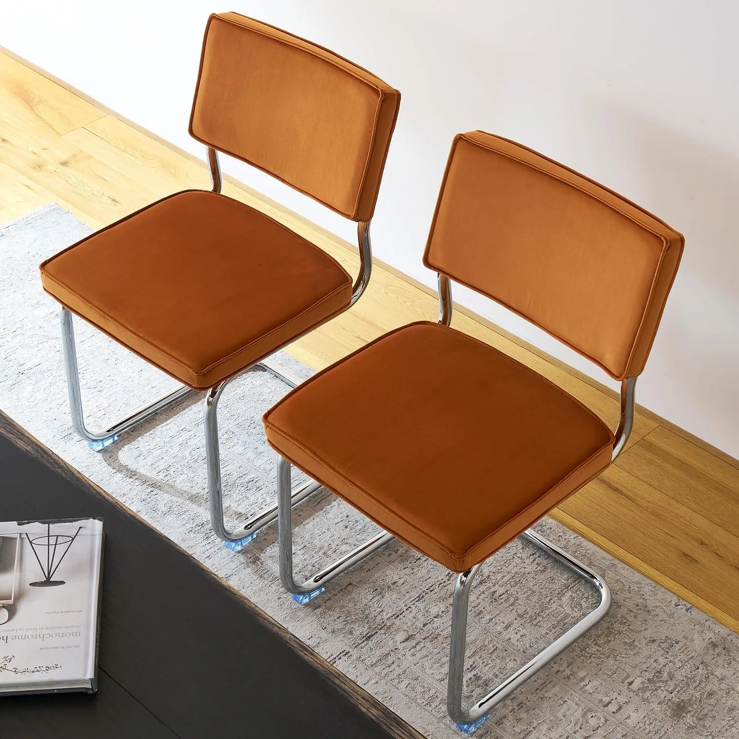 Orange Velvet Dining Chairs,Mid Century Morden Dining Chairs, Minimalistic Style Kitchen & Dining Room Chairs, Upholstered Comfort Chairs with Chrome Metal Legs, Set of 2