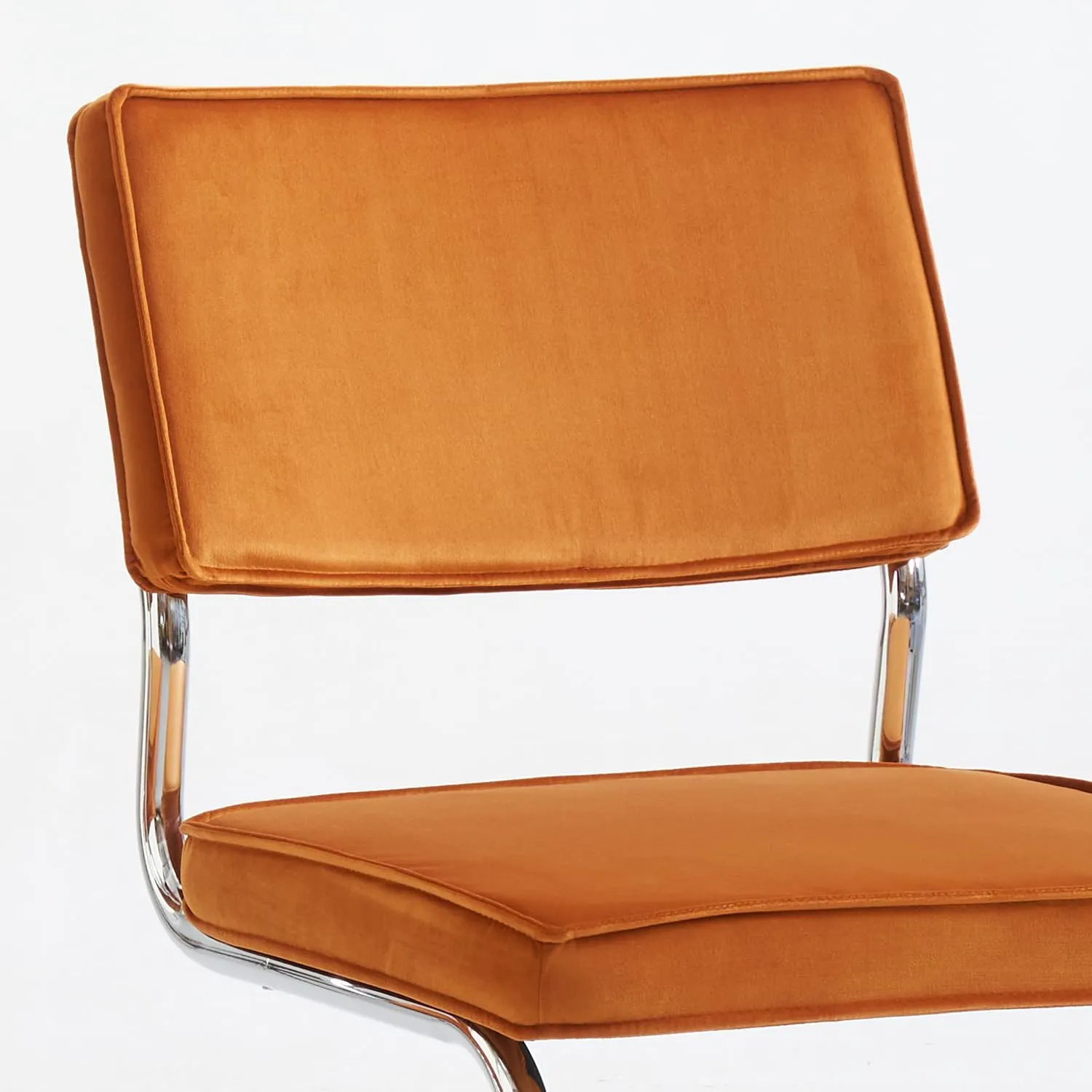 Orange Velvet Dining Chairs,Mid Century Morden Dining Chairs, Minimalistic Style Kitchen & Dining Room Chairs, Upholstered Comfort Chairs with Chrome Metal Legs, Set of 2