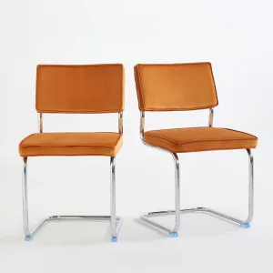 Orange Velvet Dining Chairs,Mid Century Morden Dining Chairs, Minimalistic Style Kitchen & Dining Room Chairs, Upholstered Comfort Chairs with Chrome Metal Legs, Set of 2