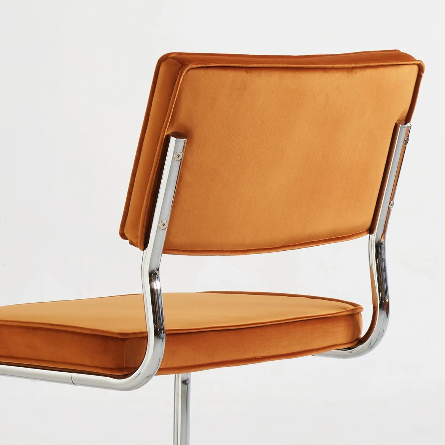 Orange Velvet Dining Chairs,Mid Century Morden Dining Chairs, Minimalistic Style Kitchen & Dining Room Chairs, Upholstered Comfort Chairs with Chrome Metal Legs, Set of 2
