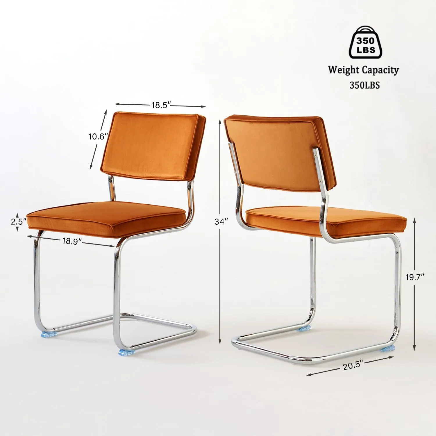 Orange Velvet Dining Chairs,Mid Century Morden Dining Chairs, Minimalistic Style Kitchen & Dining Room Chairs, Upholstered Comfort Chairs with Chrome Metal Legs, Set of 2