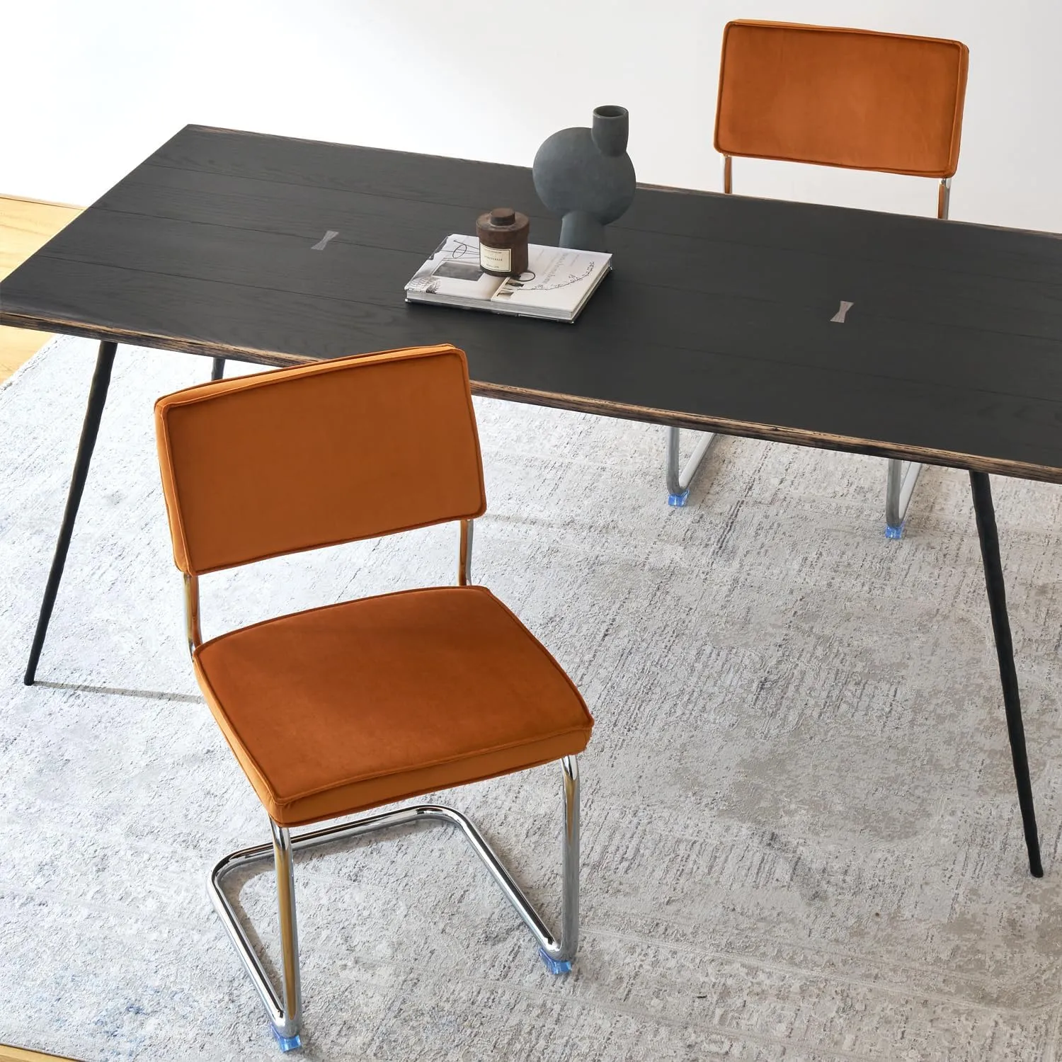 Orange Velvet Dining Chairs,Mid Century Morden Dining Chairs, Minimalistic Style Kitchen & Dining Room Chairs, Upholstered Comfort Chairs with Chrome Metal Legs, Set of 2