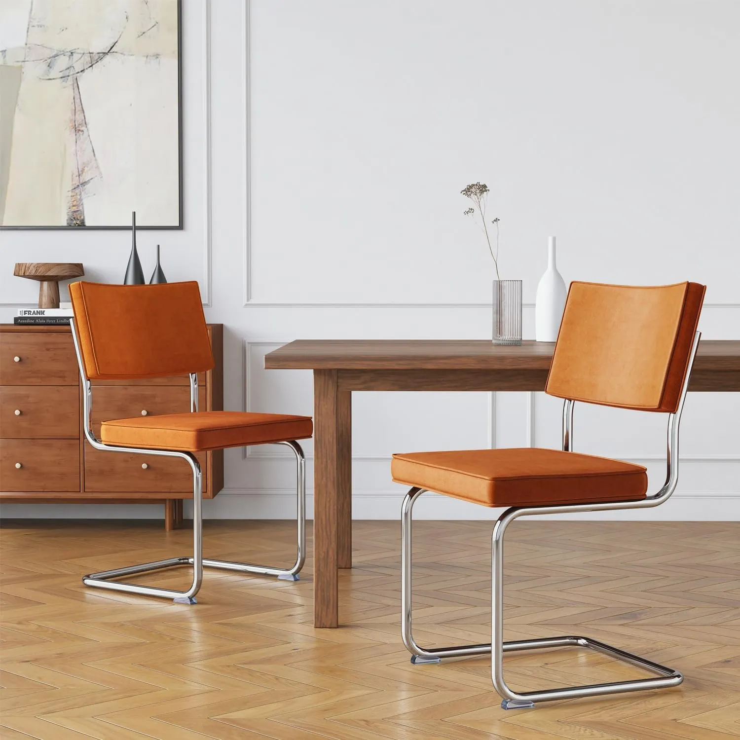Orange Velvet Dining Chairs,Mid Century Morden Dining Chairs, Minimalistic Style Kitchen & Dining Room Chairs, Upholstered Comfort Chairs with Chrome Metal Legs, Set of 2