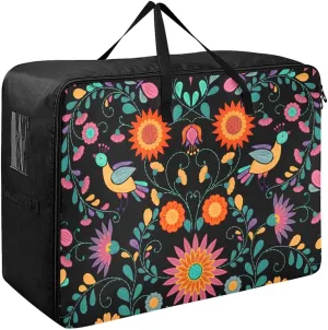 Ornate Ethnic Mexican Flower Storage Bag Extra Large Moving Bags with Strong Zippers and Carrying Handles, Storage Organizer for Clothes, Bedding, Comforter