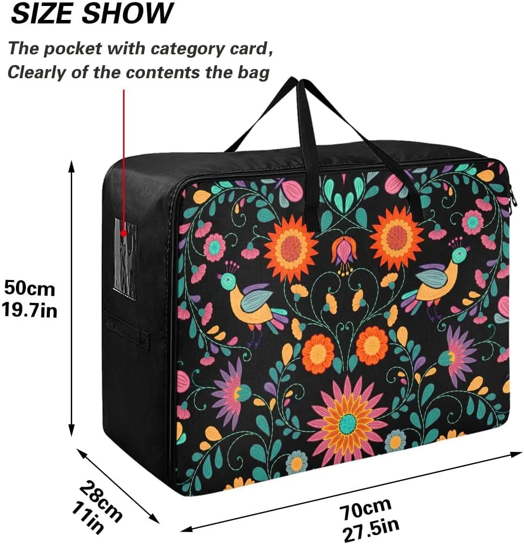 Ornate Ethnic Mexican Flower Storage Bag Extra Large Moving Bags with Strong Zippers and Carrying Handles, Storage Organizer for Clothes, Bedding, Comforter