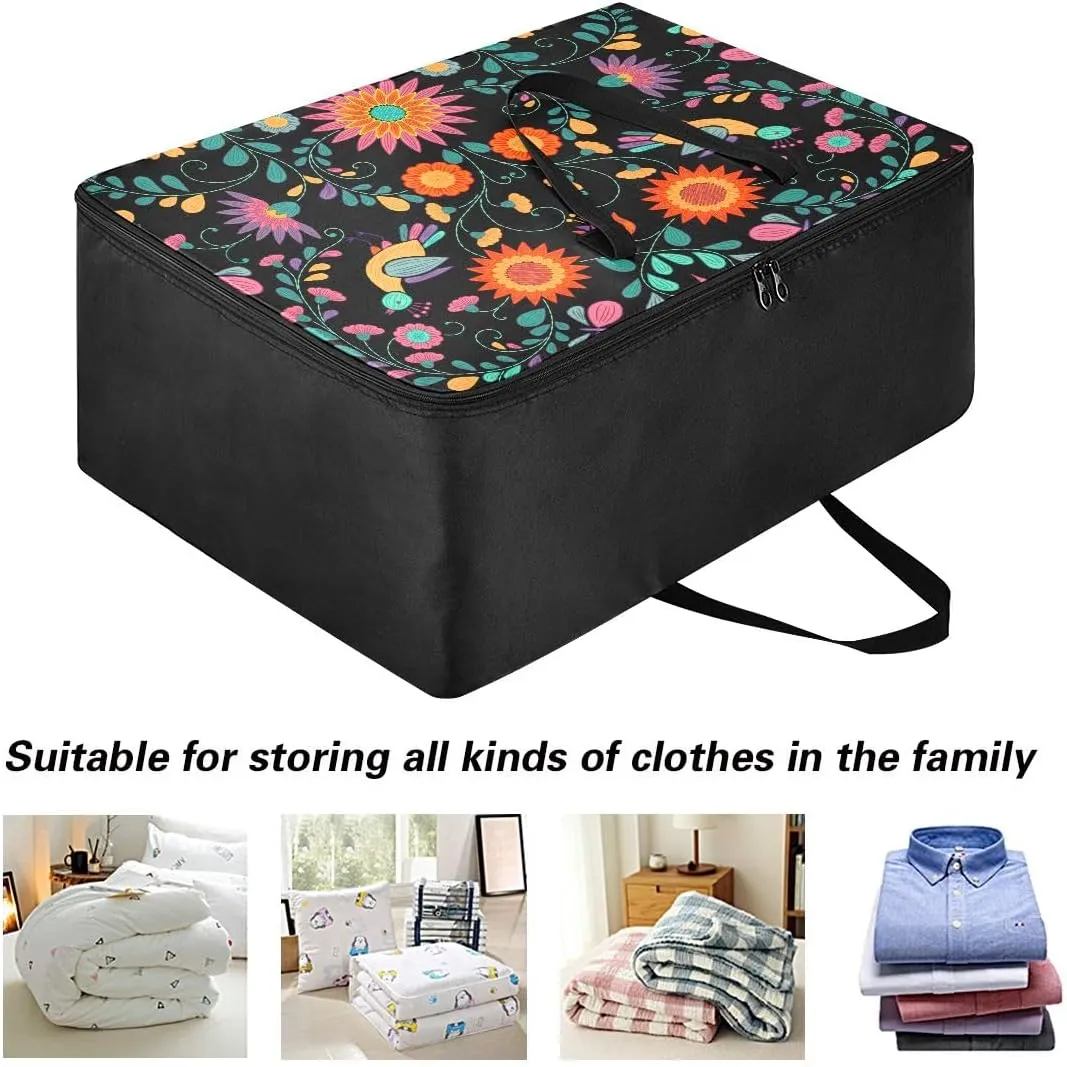 Ornate Ethnic Mexican Flower Storage Bag Extra Large Moving Bags with Strong Zippers and Carrying Handles, Storage Organizer for Clothes, Bedding, Comforter