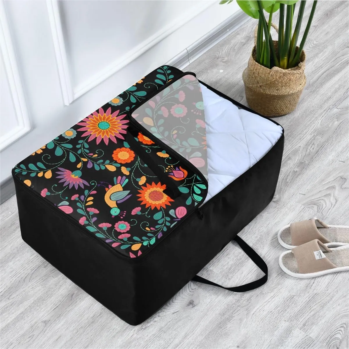 Ornate Ethnic Mexican Flower Storage Bag Extra Large Moving Bags with Strong Zippers and Carrying Handles, Storage Organizer for Clothes, Bedding, Comforter