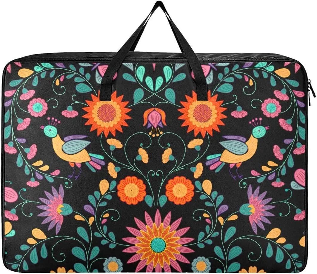 Ornate Ethnic Mexican Flower Storage Bag Extra Large Moving Bags with Strong Zippers and Carrying Handles, Storage Organizer for Clothes, Bedding, Comforter
