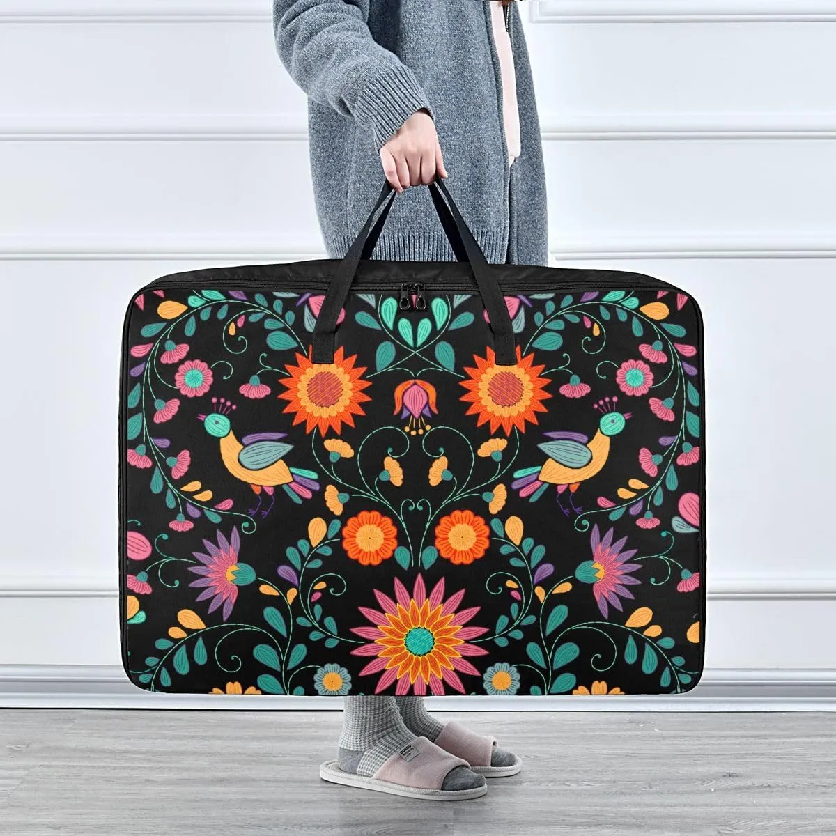 Ornate Ethnic Mexican Flower Storage Bag Extra Large Moving Bags with Strong Zippers and Carrying Handles, Storage Organizer for Clothes, Bedding, Comforter