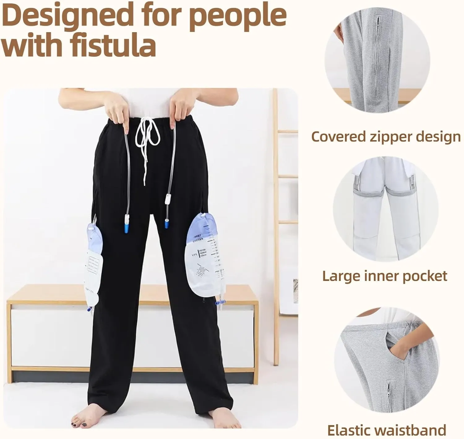ostomy Care Underwear, Bladder, Kidney Stoma Incontinence Urine Bag postoperative Care Pants, Urine Bag Pants, Catheter Bile Drainage Bag Pants(Black,L)