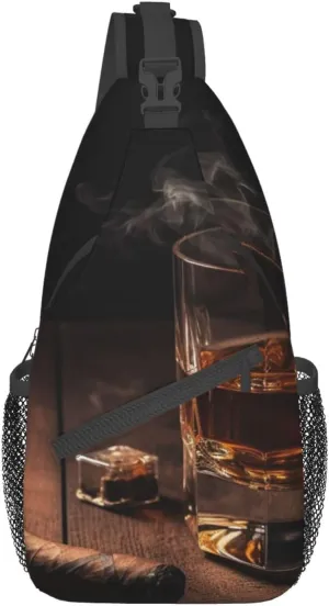 OUSIKA Cigar & Whiskey Sling Bag Lightweight Crossbody Bag Shoulder Bag Chest Bag Travel Backpack for Women Men, Black