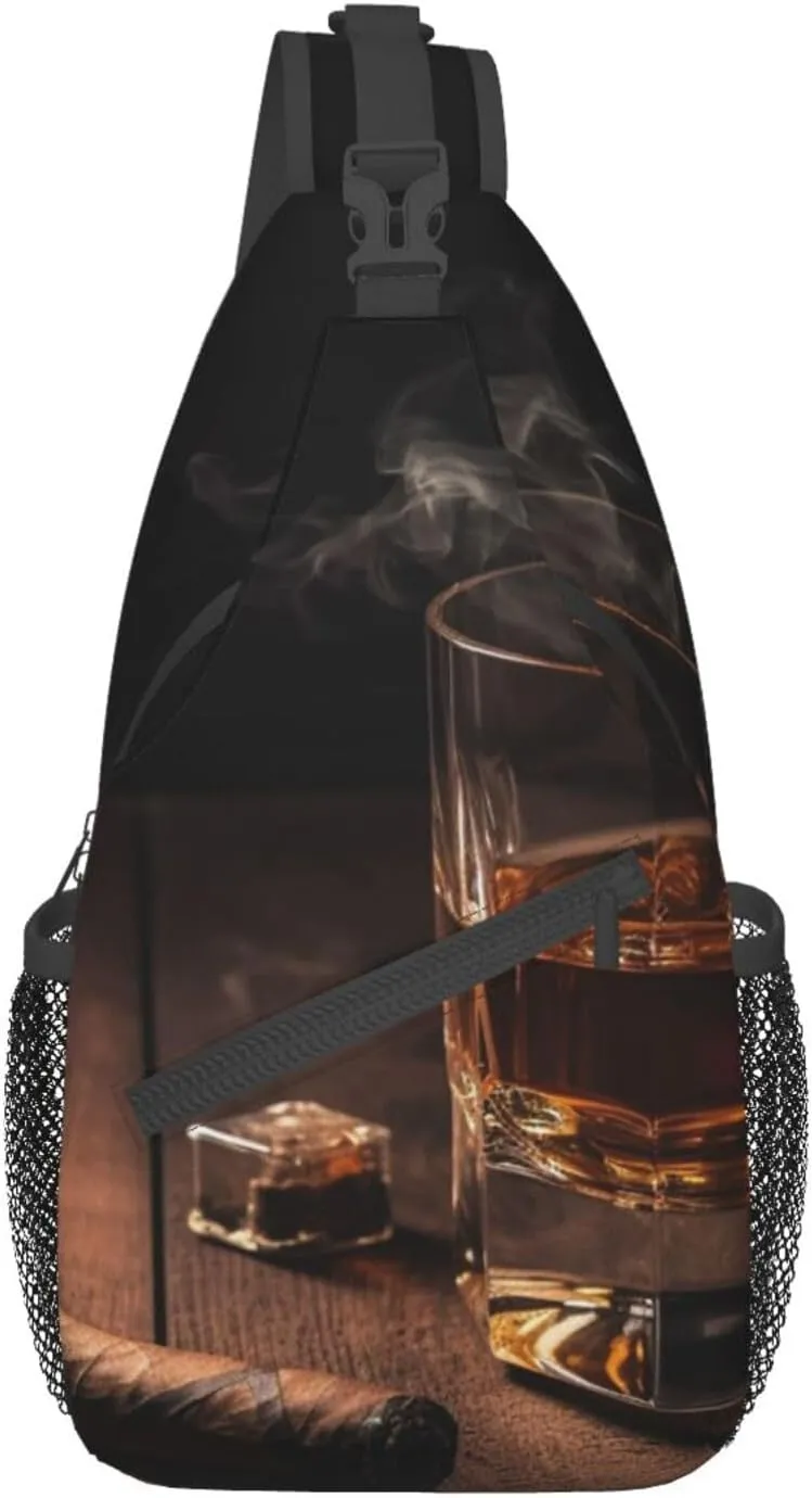 OUSIKA Cigar & Whiskey Sling Bag Lightweight Crossbody Bag Shoulder Bag Chest Bag Travel Backpack for Women Men, Black