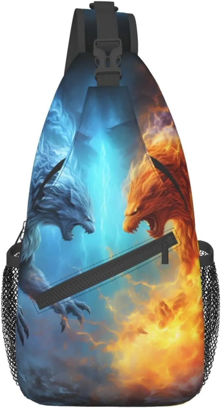 OUSIKA Fire Vs Ice Art Sling Bag Lightweight Chest Bag Crossbody Bag Shoulder Bag Sports Backpack For Women Men, Black, One Size