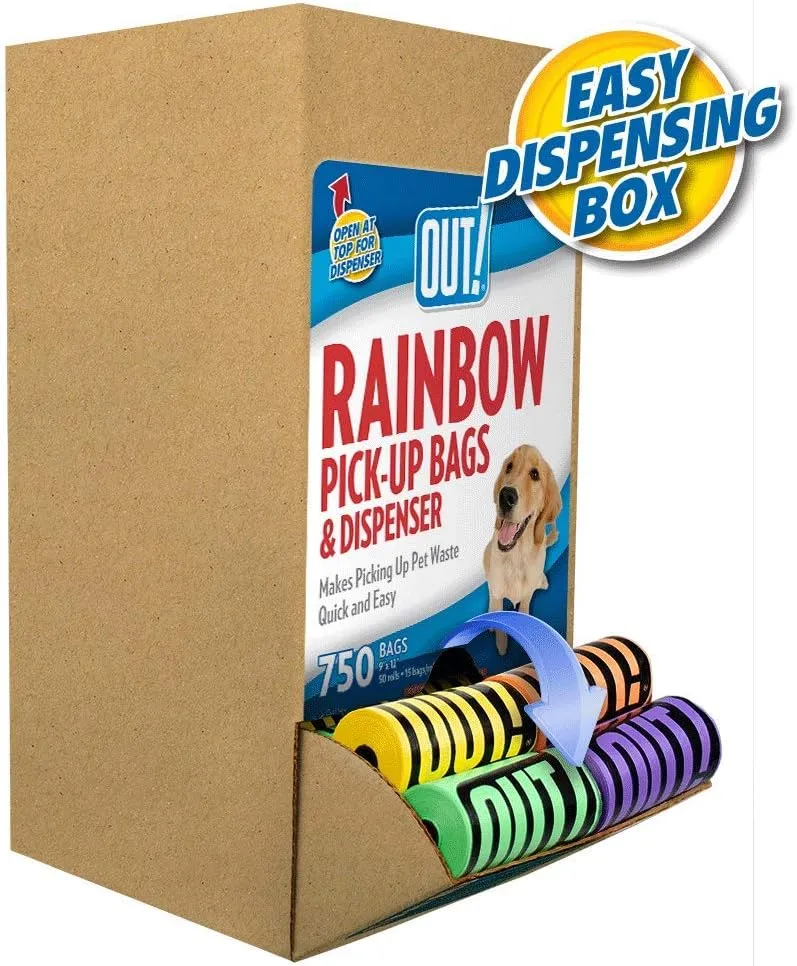 OUT! Dog Waste Bags with Leash Bag Dispenser – Rainbow Colored – Strong, Leak-Proof Poop Bags – Includes Easy Dispensing Box – 750 Count