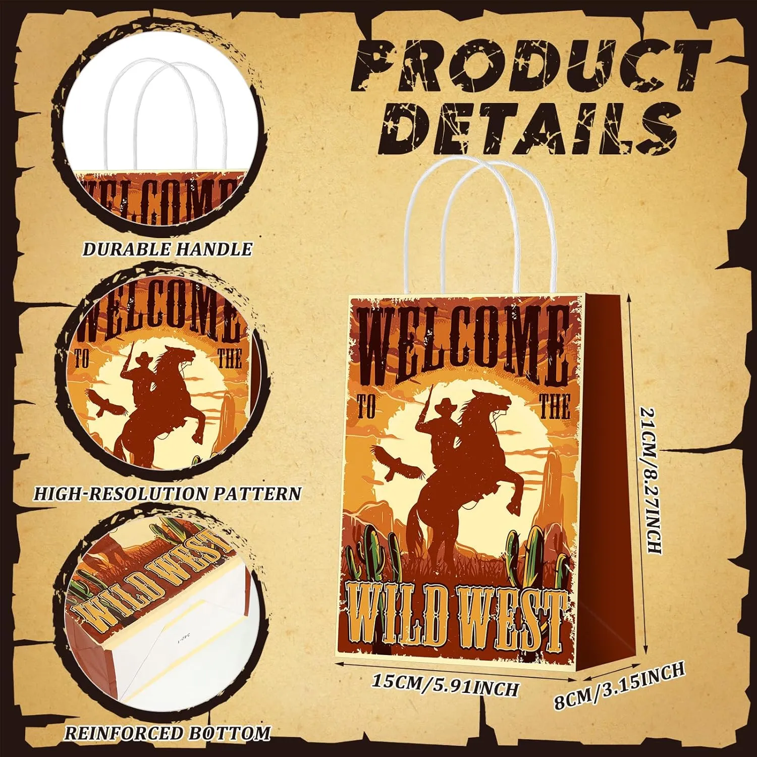 Outus 24 Pcs Cowboy Party Favor Bags Western Cowboy Goodie Candy Bags Paper Rodeo Bag Wild West Gift Treat Pouch‌ with Handles for Cowgirl Birthday Party Supplies