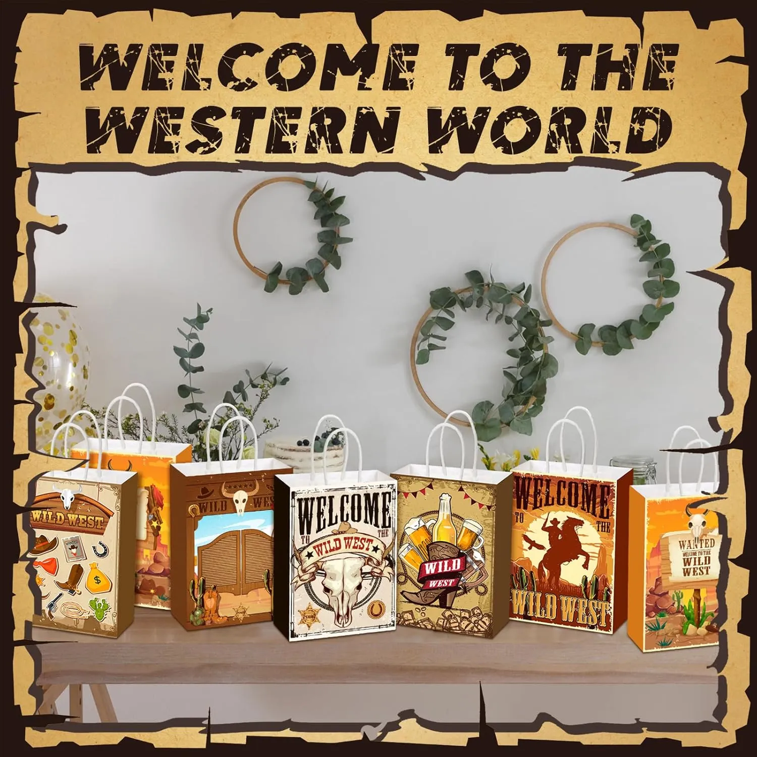 Outus 24 Pcs Cowboy Party Favor Bags Western Cowboy Goodie Candy Bags Paper Rodeo Bag Wild West Gift Treat Pouch‌ with Handles for Cowgirl Birthday Party Supplies