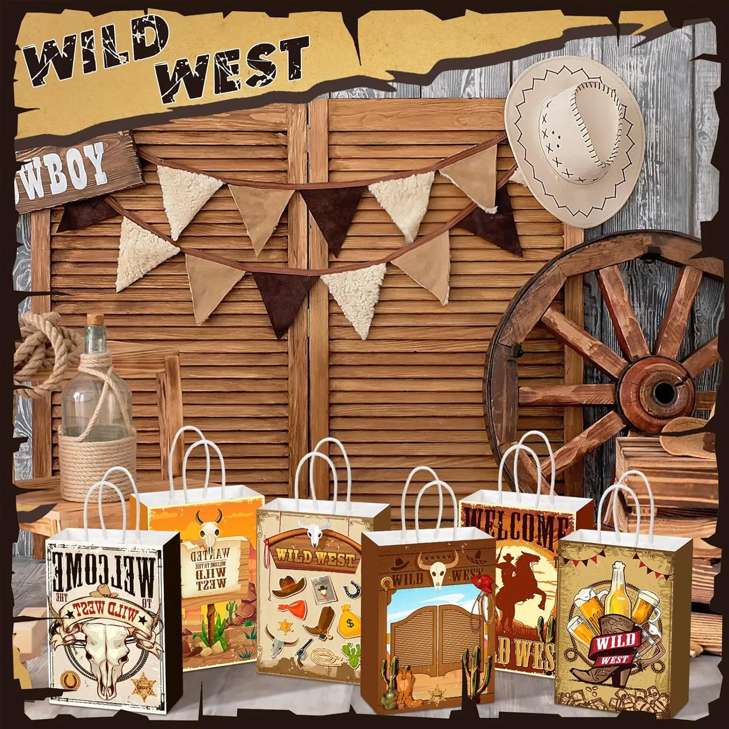 Outus 24 Pcs Cowboy Party Favor Bags Western Cowboy Goodie Candy Bags Paper Rodeo Bag Wild West Gift Treat Pouch‌ with Handles for Cowgirl Birthday Party Supplies