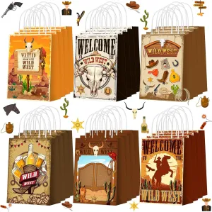 Outus 24 Pcs Cowboy Party Favor Bags Western Cowboy Goodie Candy Bags Paper Rodeo Bag Wild West Gift Treat Pouch‌ with Handles for Cowgirl Birthday Party Supplies
