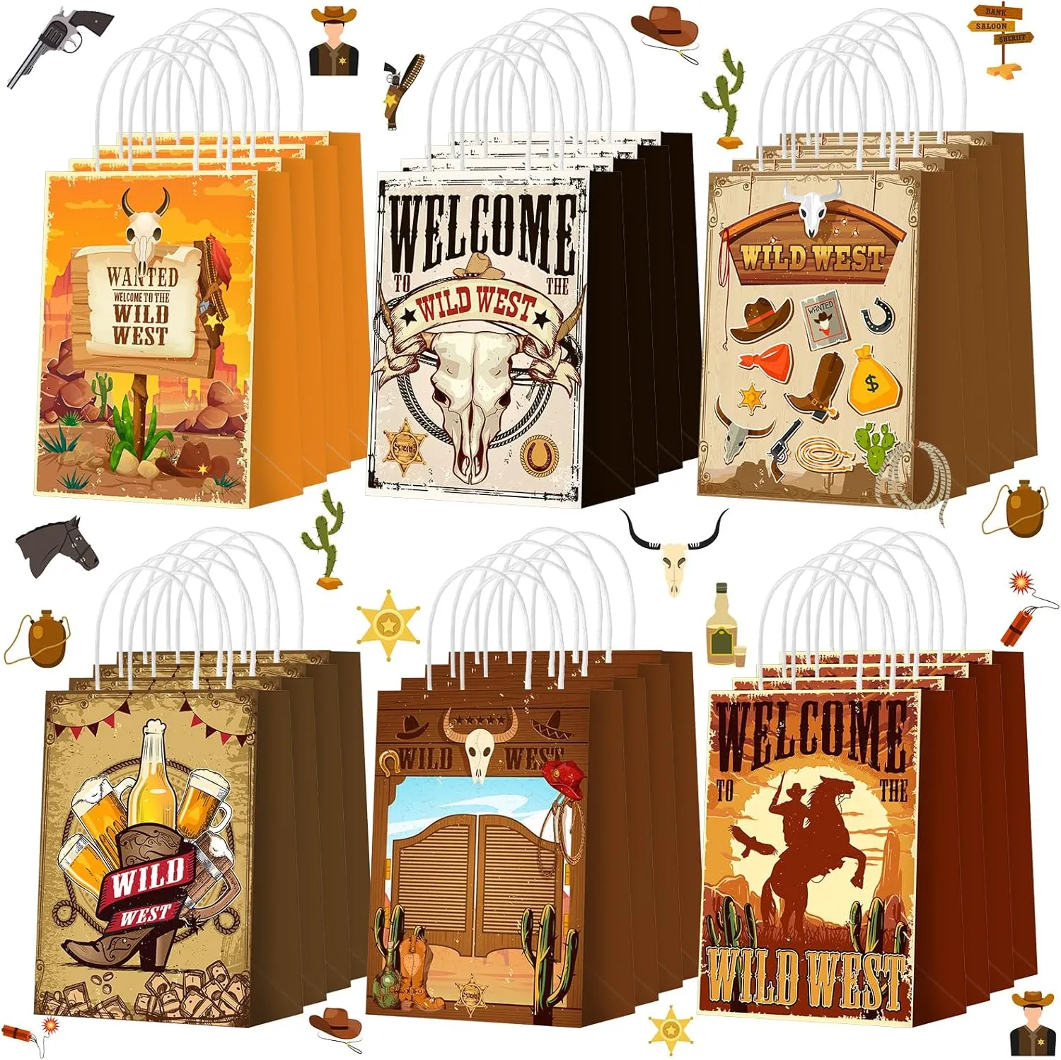 Outus 24 Pcs Cowboy Party Favor Bags Western Cowboy Goodie Candy Bags Paper Rodeo Bag Wild West Gift Treat Pouch‌ with Handles for Cowgirl Birthday Party Supplies