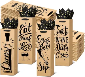 Ovveroche 20 PCS Wine Gift Bags with Handles and Tissue Paper - Kraft Wine Bottle Bags for Holiday, Birthday, Wedding, Graduations, Party
