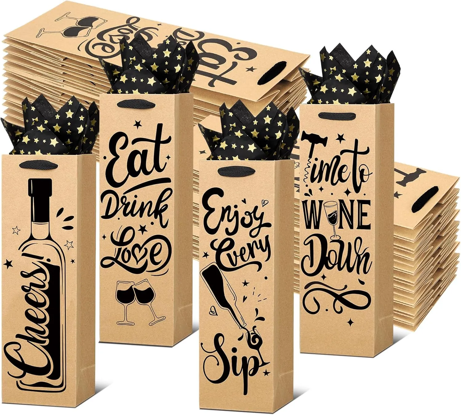 Ovveroche 20 PCS Wine Gift Bags with Handles and Tissue Paper - Kraft Wine Bottle Bags for Holiday, Birthday, Wedding, Graduations, Party