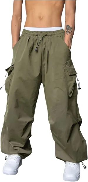 OYOANGLE Men's Cargo Pants Elastic Waist Flap Pockets Hip Hop Baggy Harem Pants