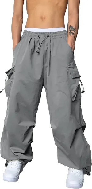 OYOANGLE Men's Cargo Pants Elastic Waist Flap Pockets Hip Hop Baggy Harem Pants